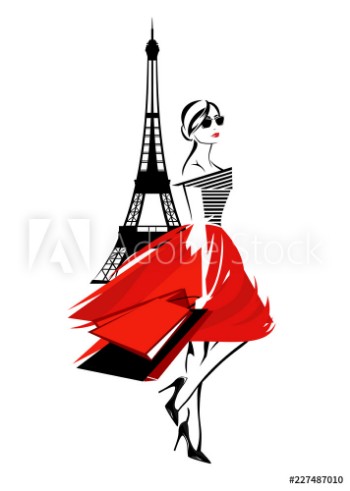 Picture of beautiful fashion woman in Paris - french fashionista with shopping bags and eiffel tower vector design